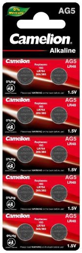 Изображение Элемент питания алкалиновый "таблетка" LR754/393A/193/G 5 Mercury Free AG5-BP0%Hg для часов BL-10 (блист.10шт) Camelion 12813
