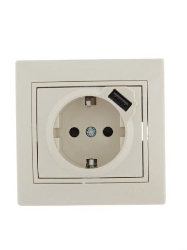 Изображение Розетка 1-м СП Mira 16А с заземл. + USB разъем крем. LEZARD 701-0303-181