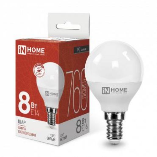 Изображение Лампа светодиодная LED-ШАР-VC 8Вт шар 4000К нейтр. бел. E14 760лм 230В IN HOME 4690612020556