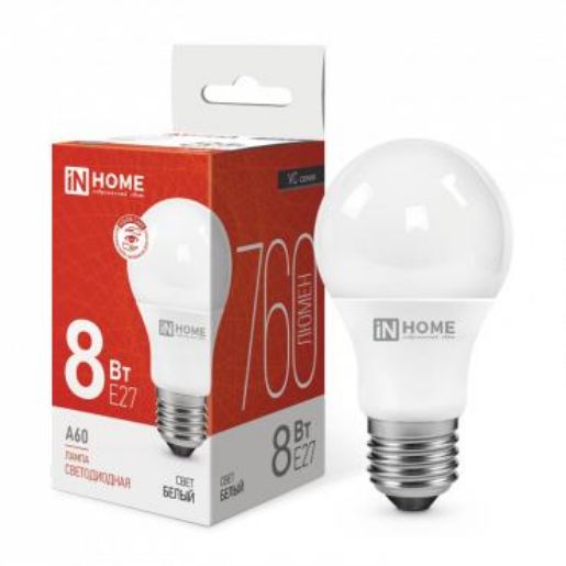 Изображение Лампа светодиодная LED-A60-VC 8Вт грушевидная 4000К нейтр. бел. E27 760лм 230В IN HOME 4690612024028