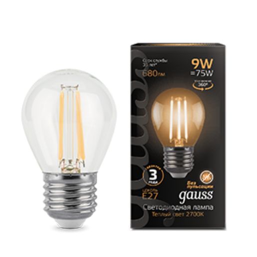 Изображение Лампа светодиодная филаментная Filament 9Вт шар 2700К тепл. бел. E27 680лм GAUSS 105802109