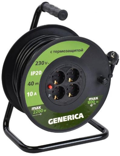 Изображение Удлинитель на катушке 4х40м 10А IP20 УК40 2P+PE 3х1 термозащита GENERICA WKP10-10-04-40-G