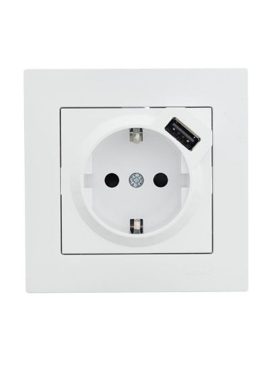 Изображение Розетка 1-м СП Vesna с заземл. с заряд. устройством USB механизм бел. LEZARD 742-0288-181