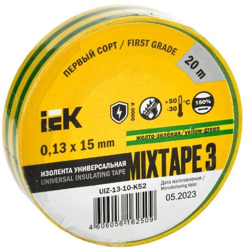 Изображение Изолента ПВХ 0.13х15мм (рул.20м) желт./зел. IEK UIZ-13-10-K52