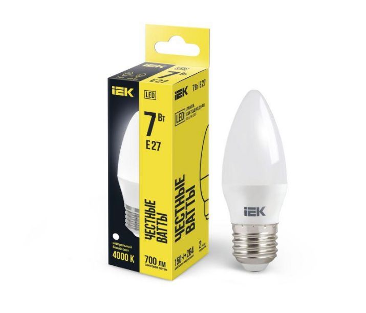 Изображение Лампа светодиодная Eco 7Вт C35 свеча 4000К нейтр. бел. E27 230В IEK LLE-C35-7-230-40-E27