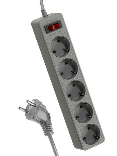Изображение Удлинитель с сетевым фильтром 5х5м с заземл. 10А IP20 2.2кВт ПВС 3х0.75 с выкл. с индикатором сети сер. КОСМОС FKsm5m-5g(G)
