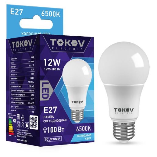 Изображение Лампа светодиодная 12Вт А60 6500К Е27 176-264В TOKOV ELECTRIC TKE-A60-E27-12-6.5K