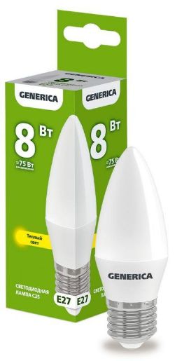 Изображение Лампа светодиодная C35 8Вт свеча 3000К E27 230В GENERICA LL-C35-08-230-30-E27-G