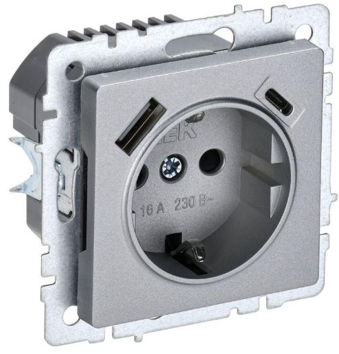 Изображение Розетка BRITE РЮш11-1-БрА 16А с USB A+C 18Вт с заземл. защ. шторки алюм. IEK BR-R14-16-U22-018-K47