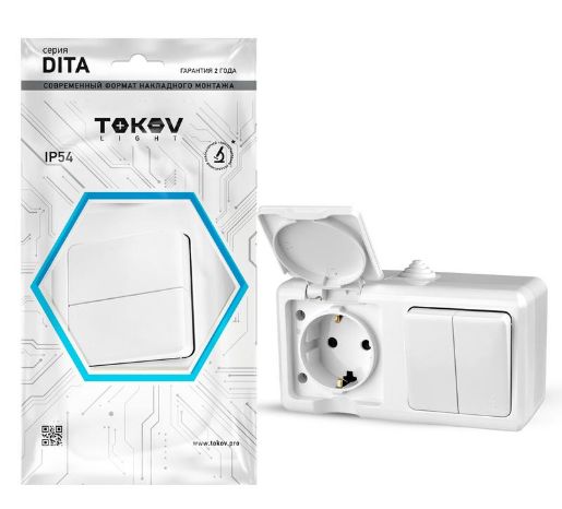 Изображение Блок ОП Dita (розетка 16А 250В с заземл. 2-кл. выкл. 10А) IP54 бел. TOKOV ELECTRIC TKL-DT-V2RZ-C01-IP54