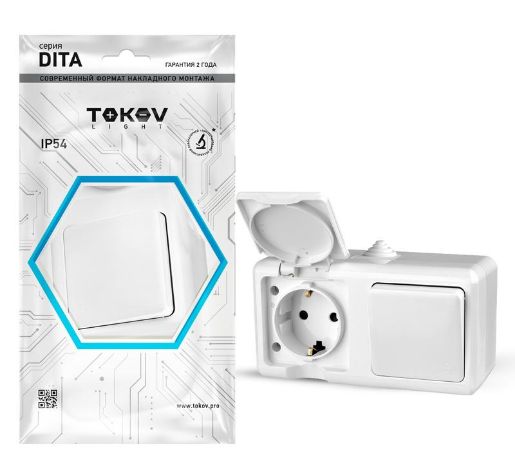 Изображение Блок ОП Dita (розетка 16А 250В с заземл. + 1-кл. выкл. 10А) IP54 бел. TOKOV ELECTRIC TKL-DT-V1RZ-C01-IP54