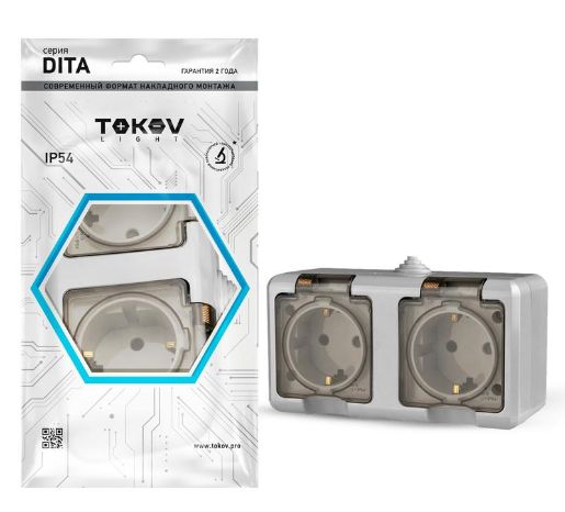 Изображение Розетка 2-м ОП Dita 16А IP54 250В с заземл. с прозр. крышкой сер.TOKOV ELECTRIC TKL-DT-R2Z-C06T-IP54