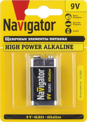Изображение Элемент питания алкалиновый "крона" 6LR61 94 756 NBT-NE-6LR61-BP1 (блист.1шт) NAVIGATOR 94756
