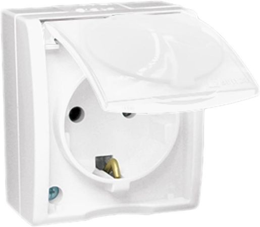 Изображение Розетка 1-м ОП Simon15 16А IP54 250В с заземл. Schuko защ. шторки с крышкой винт. клеммы бел. Simon 1594432-030