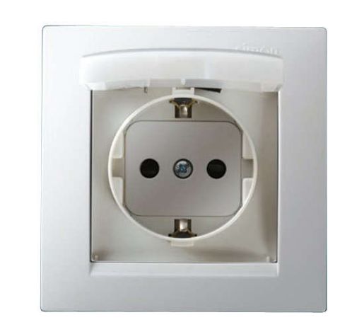 Изображение Розетка 1-м СП Simon15 16А IP44 250В с заземл. Schuko защ. шторки с крышкой винт. клеммы бел. Simon 1590450-030
