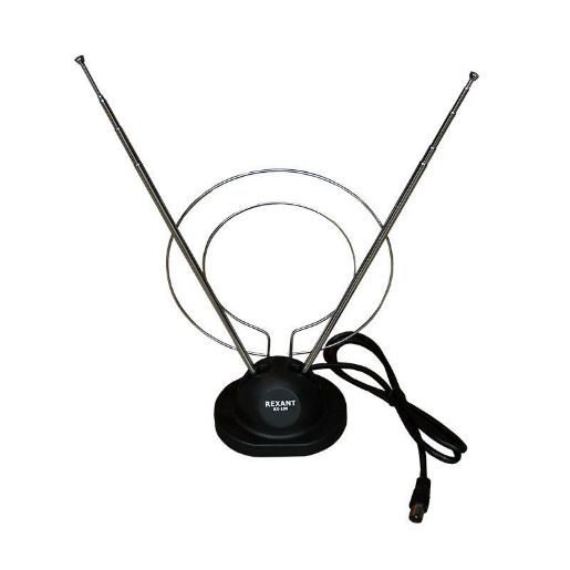 Изображение Антенна ТВ комнатная RX-100 телескопич. на подставке с кольцом VHF; UHF 47-860MHz REXANT 34-0100
