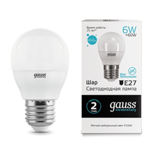 Изображение Лампа светодиодная Elementary 6Вт шар 4100К нейтр. бел. E27 450лм GAUSS 53226