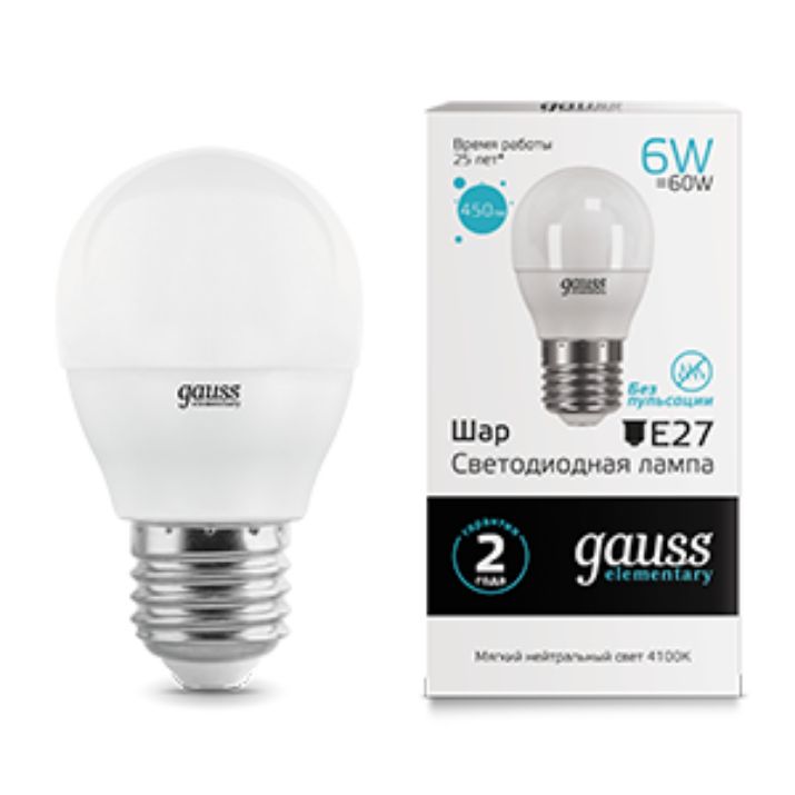 Изображение Лампа светодиодная Elementary 6Вт шар 4100К нейтр. бел. E27 450лм GAUSS 53226