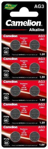 Изображение Элемент питания алкалиновый "таблетка" LR41/392A/192/G 3 Mercury Free AG3-BP0%Hg для часов BL-10 (блист.10шт) Camelion 12811