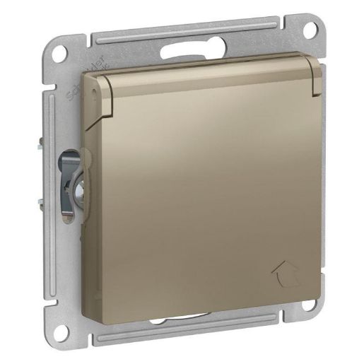Изображение Розетка 1-м СП AtlasDesign 16А IP20 с заземл. защ. шторки с крышкой механизм шампань SE ATN000546