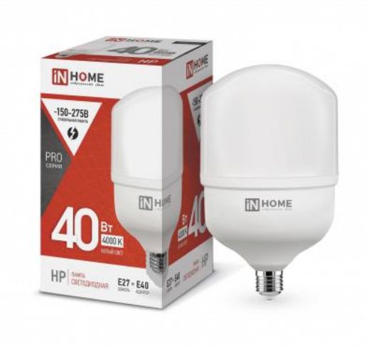 Изображение Лампа светодиодная LED-HP-PRO 40Вт трубчатая 4000К нейтр. бел. E27 3800лм 230В с адаптером E40 IN HOME 4690612031095
