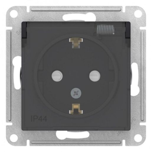 Изображение Розетка 1-м СП AtlasDesign Aqua 16А IP44 с заземл. защ. шторки с прозр. крышкой механизм карбон SE ATN441046