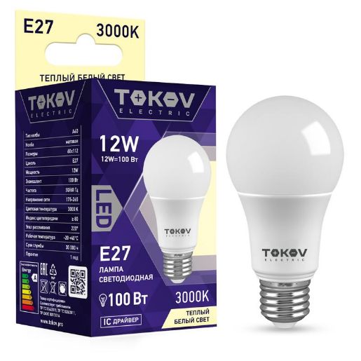 Изображение Лампа светодиодная 12Вт А60 3000К Е27 176-264В TOKOV ELECTRIC TKE-A60-E27-12-3K