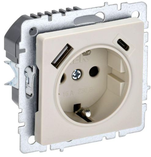Изображение Розетка BRITE РЮш11-1-БрКр 16А с USB A+C 18Вт с заземл. защ. шторки беж. IEK BR-R14-16-U22-018-K10