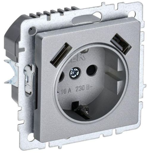 Изображение Розетка BRITE РЮш10-2-БрА 16А с USB A+A 3.1А с заземл. защ. шторки алюм. IEK BR-R14-16-U21-D31-K47