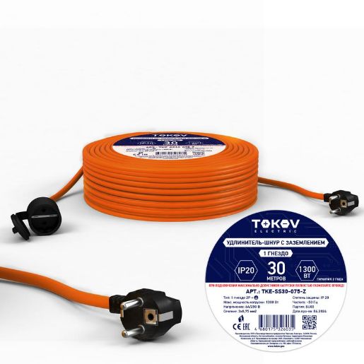 Изображение Удлинитель-шнур 1х30м с заземл. 6А IP20 3х0.75 TOKOV ELECTRIC TKE-SS30-075-Z