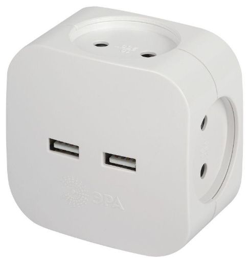 Изображение Разветвитель электрический SP-4-USB-W на 4 розетки 220В+ 2xUSB 2400мА без заземл 10А бел. Эра Б0049532