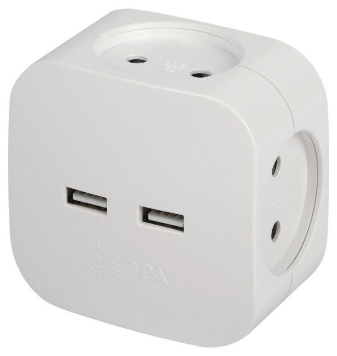 Изображение Разветвитель электрический SP-4-USB-W на 4 розетки 220В+ 2xUSB 2400мА без заземл 10А бел. Эра Б0049532
