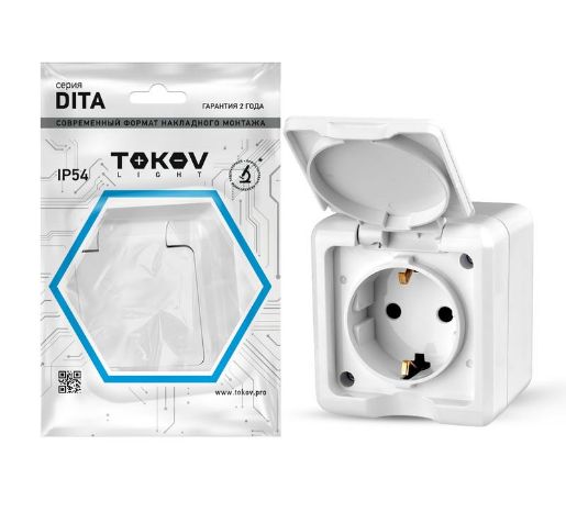 Изображение Розетка 1-м ОП Dita 16А IP54 250В с заземл. с крышкой бел. TOKOV ELECTRIC TKL-DT-R1Z-C01-IP54