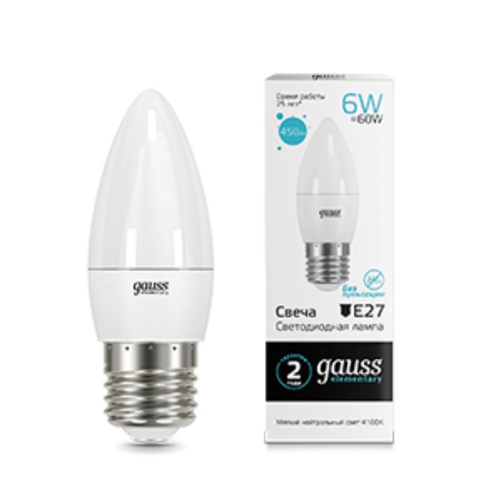 Изображение Лампа светодиодная Elementary 6Вт свеча 4100К нейтр. бел. E27 450лм GAUSS 33226