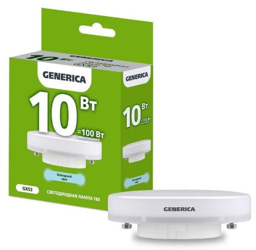 Изображение Лампа светодиодная 10Вт T80 таблетка 6500К холод. бел. GX53 1000лм 230В GENERICA LL-T80-10-230-65-GX53-G
