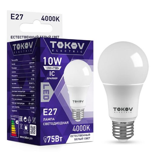 Изображение Лампа светодиодная 10Вт А60 4000К Е27 176-264В TOKOV ELECTRIC TKE-A60-E27-10-4K