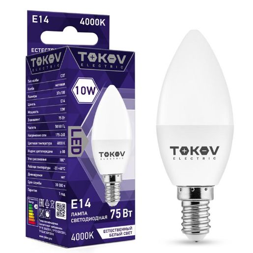 Изображение Лампа светодиодная 10Вт С37 4000К Е14 176-264В TOKOV ELECTRIC TKE-C37-E14-10-4K