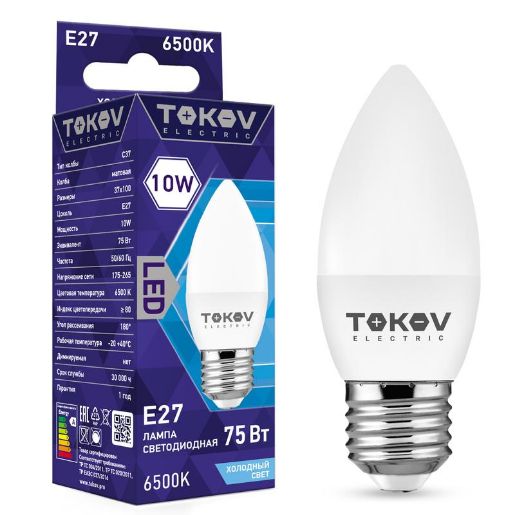 Изображение Лампа светодиодная 10Вт С37 6500К Е27 176-264В TOKOV ELECTRIC TKE-C37-E27-10-6.5K