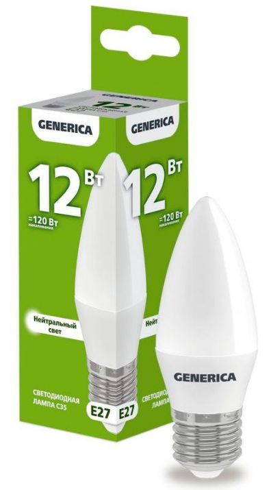 Изображение Лампа светодиодная C35 12Вт свеча 4000К E27 230В GENERICA LL-C35-12-230-40-E27-G