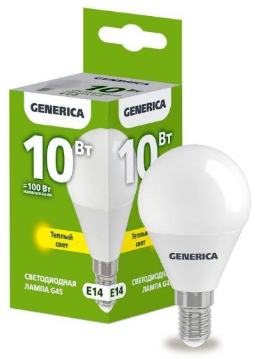Изображение Лампа светодиодная G45 10Вт шар 3000К E14 230В GENERICA LL-G45-10-230-30-E14-G