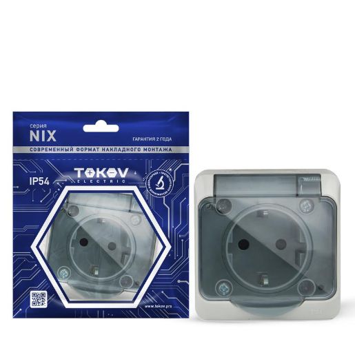 Изображение Розетка 1-м ОП Nix 16А IP54 250В с заземл. с прозр. крышкой сер. TOKOV ELECTRIC TKE-NX-R1Z-C06T-IP54