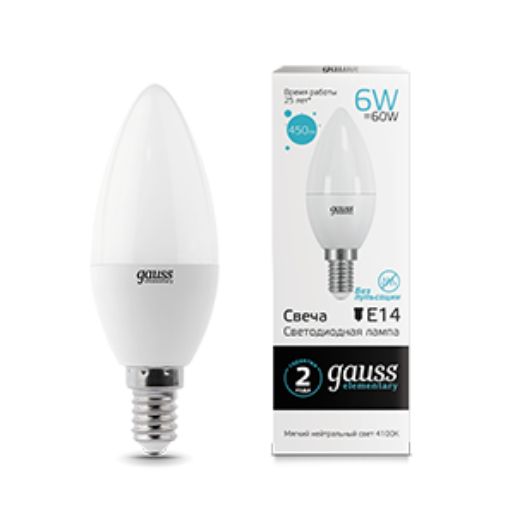 Изображение Лампа светодиодная Elementary 6Вт свеча 4100К нейтр. бел. E14 450лм GAUSS 33126