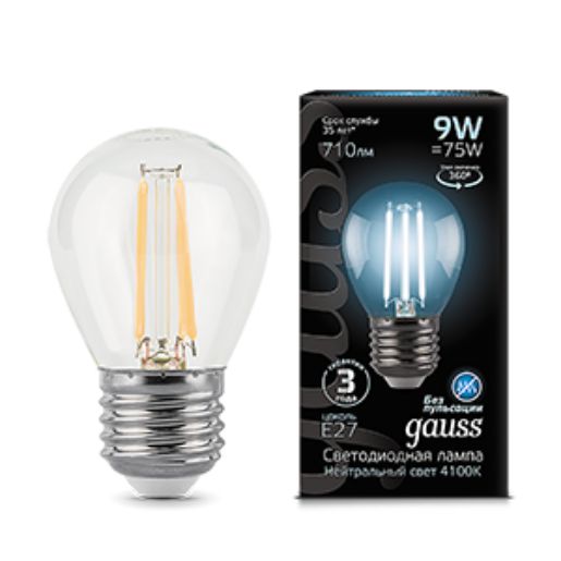 Изображение Лампа светодиодная филаментная Filament 9Вт шар 4100К нейтр. бел. E27 710лм GAUSS 105802209