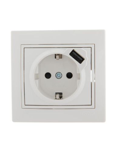 Изображение Розетка 1-м СП Mira 16А с заземл. + USB разъем бел. LEZARD 701-0202-181