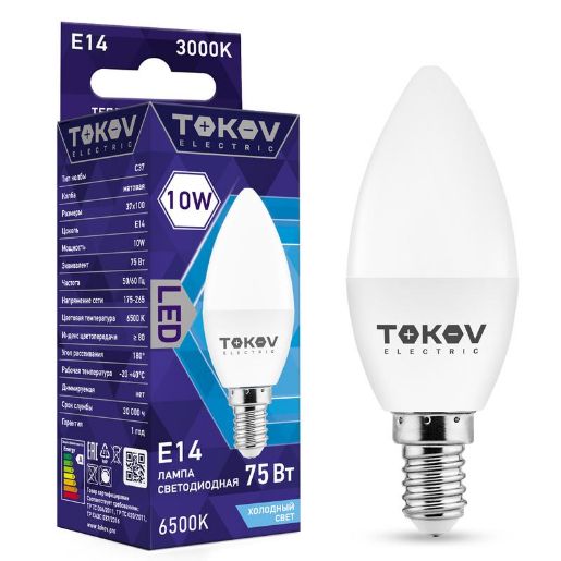 Изображение Лампа светодиодная 10Вт С37 6500К Е14 176-264В TOKOV ELECTRIC TKE-C37-E14-10-6.5K