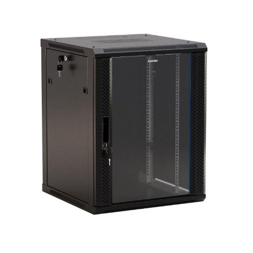 Изображение Шкаф настенный TWB-0945-GP-RAL9004 19дюйм 9U 500х600х450мм стеклян. дверь с перфорацией по бокам ручка с замком черн. (RAL 9004) (разобранный) Hyperline 392629