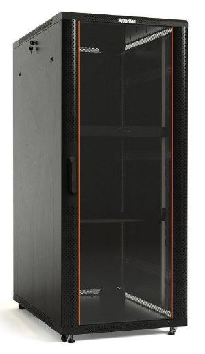 Изображение Шкаф напольный TTB-4268-AS 19дюйм 42U 2055х600х800мм перед. стекл. дверь со стальн. перф. боковинами задн. дверь сплошная ручка с замком крыша нового типа черн. (RAL 9004) Hyperline 392682