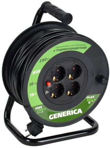 Изображение Удлинитель на катушке 4х30м 16А IP20 УК30 2P+PE 3х1.5 термозащита GENERICA WKP20-16-04-30-G