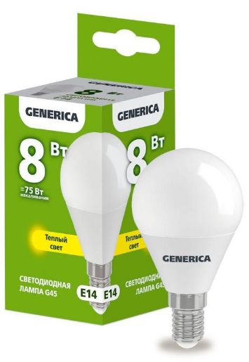 Изображение Лампа светодиодная G45 8Вт шар 3000К E14 230В GENERICA LL-G45-08-230-30-E14-G