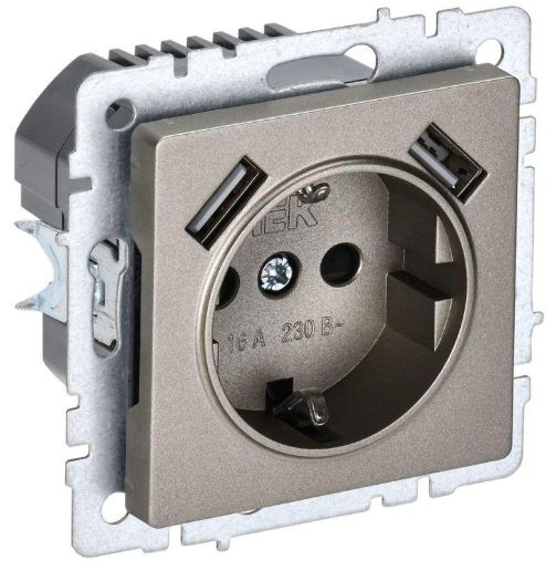 Изображение Розетка BRITE РЮш10-1-БрШ 16А с USB A+A 2.1А с заземл. защ. шторки шампань IEK BR-R14-16-U21-D21-K37